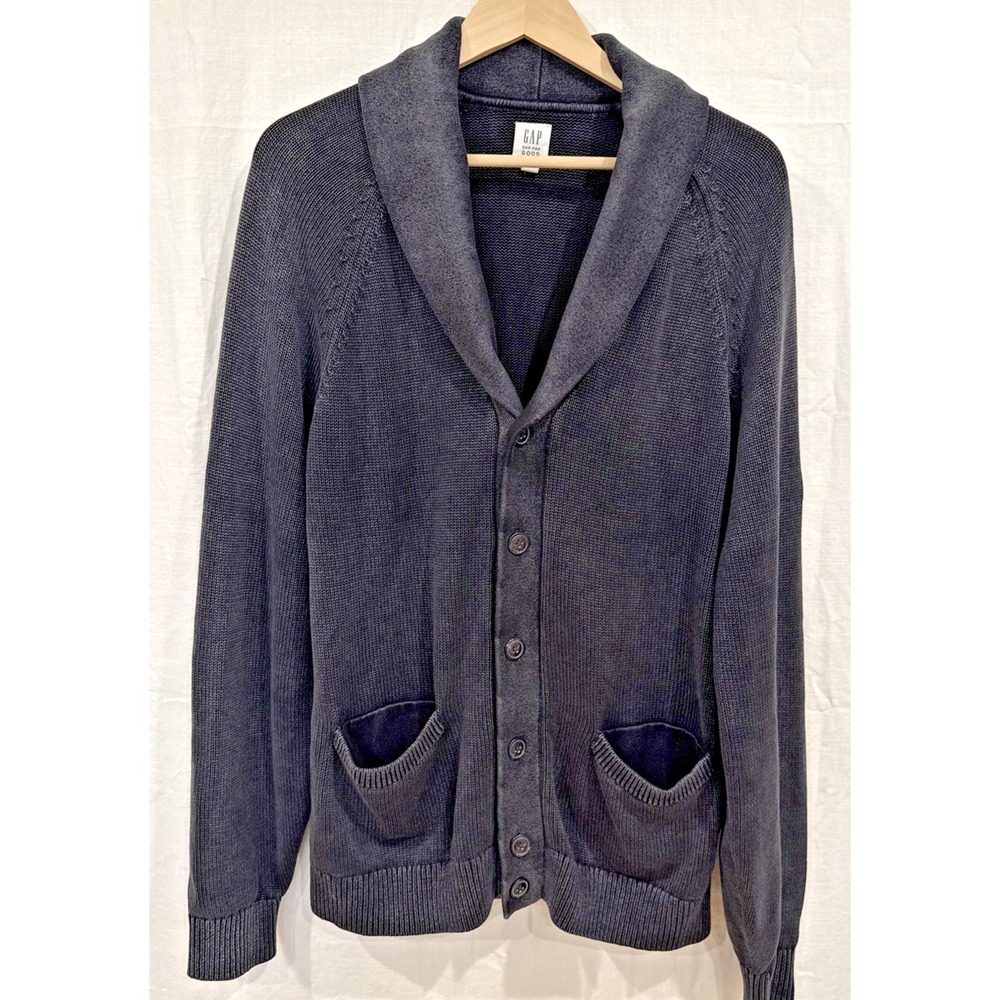 Gap Shawl Collar Cardigan Mens L Black Knit Preppy Academia Fall Distressed Look